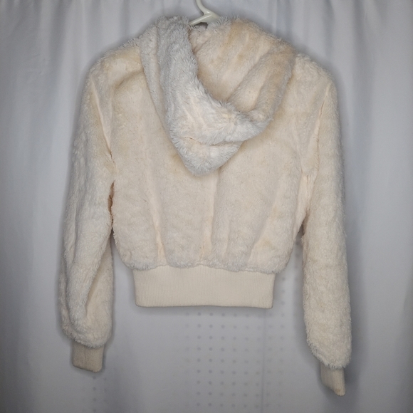 Y2K Faux Fur Bomber Jacket Hooded Pocket Zip Lined Long Sleeve Cream Small 2000s - Picture 2 of 7